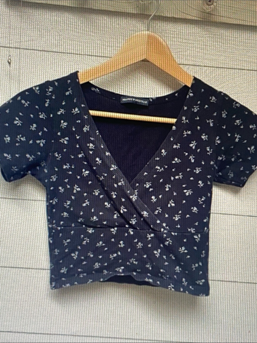Brandy Melville Navy Floral Ribbed Wrap Crop Top